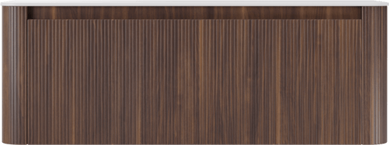 Storke Soft zwevend badkamermeubel 140 x 46 cm notelaar met Tavola Soft enkele of dubbele tablet in solid surface mat wit, Verticale symmetrische rechte ribbel