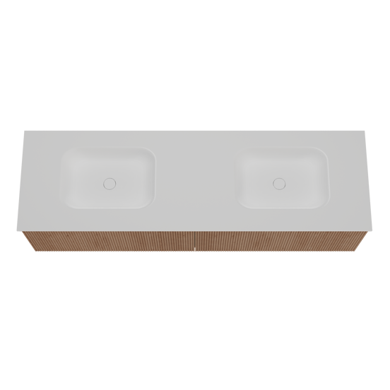 Balmani Forma hängendes Möbelstück Set: 180 x 55 cm, Naturbelassene Eiche, mit Tablo Arcato Doppelwaschtisch, Solid Surface, Weiß matt, Vertikale symmetrische gerade Rippe