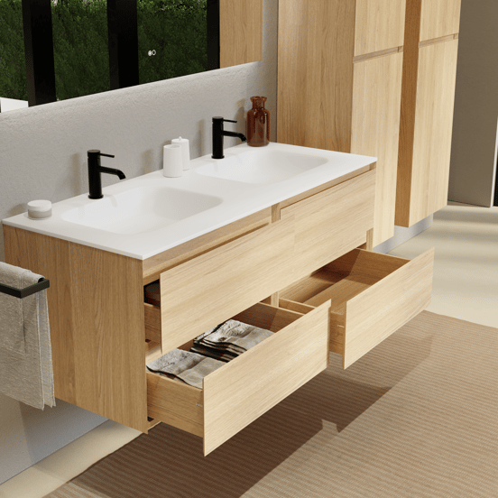 Balmani Mitra zwevend badmeubel 135 x 55 cm naturel eiken met Tablo Arcato dubbele wastafel in solid surface mat wit