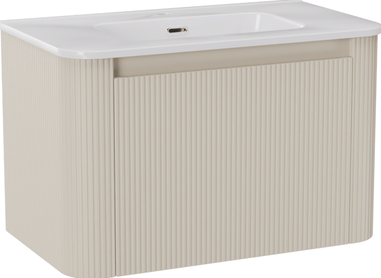 Storke Soft hängendes Möbelstück Set: 80 x 46 cm, Sand Matt, mit Kera Soft Einzelwaschtisch Keramik Weiβ glänzend, Vertikale symmetrische gerade Rippe