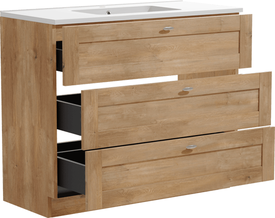 Linie Classo freistehendes Möbelstück Set: 100 x 46 cm, Naturbelassene Eiche, mit Vano Einzelwaschtisch, Marmorkomposit Weiß glänzend