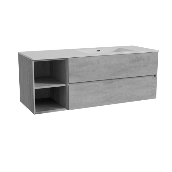 Storke Edge meuble salle de bains suspendu 140 x 52 cm béton gris foncé avec Diva plan vasque asymétrique à droite en marbre composite blanc brillant