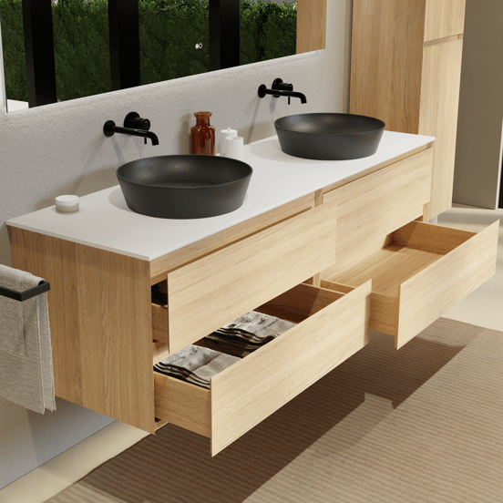 Balmani Mitra zwevend badmeubel 180 x 55 cm naturel eiken met Stretto enkel of dubbel wastafelblad in solid surface mat wit