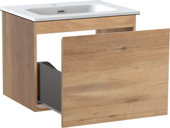 Linie Lado zwevend badmeubel 60 x 46 cm naturel eiken met Baro enkele wastafel in porselein hoogglans wit