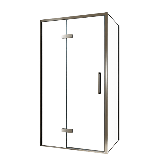 Balmani Senses Design douche en coin avec porte pivotante à gauche et paroi latérale fixe, 100 x 70 cm, Verre transparent, Profil Brushed GunMetal, coating inclus