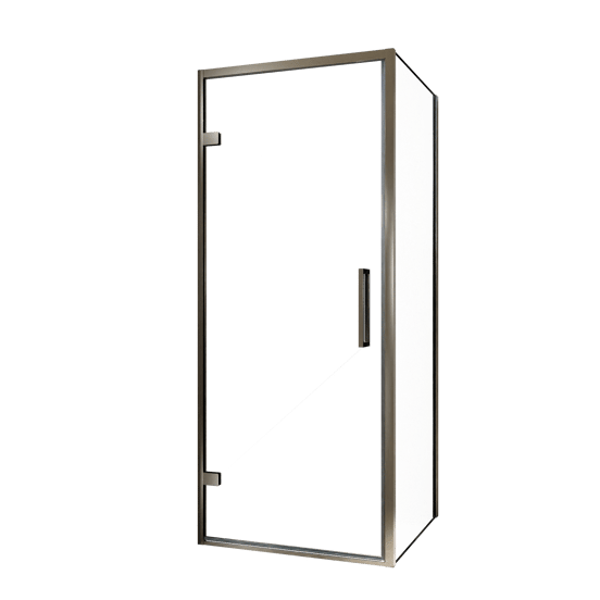 Balmani Senses Design douche en coin avec porte pivotante à gauche et paroi latérale fixe, 90 x 70 cm, Verre transparent, Profil Brushed GunMetal, coating inclus