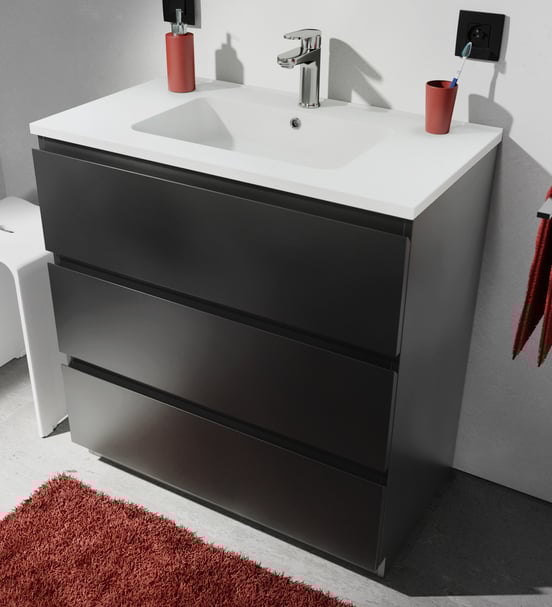 Linie Lado stehender Waschbeckenunterschrank: 80 x 46 cm, Schwarz Matt, 3 Schubladen