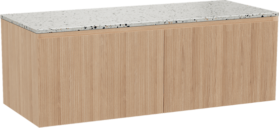 Balmani Fila zwevend badkamermeubel 135 x 55 cm natuur eik met Stretto enkel of dubbel tablet in mat wit/zwart terrazzo, Verticale symmetrische rechte ribbel