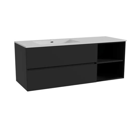 Storke Edge hängendes Möbelstück Set: 140 x 52 cm, Schwarz matt, mit Diva Waschtisch links, Marmorkomposit Weiß glänzend