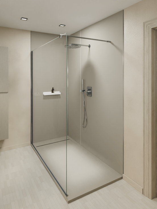 Luca Varess Dandy douchebak 180 x 90 cm composietmarmer mat zijdegrijs rock structuur