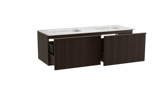 Balmani Forma meuble salle de bains suspendu 150 x 55 cm chêne fumé avec Tablo Arcato double vasque en marbre carrara, Nervure droite symétrique verticale