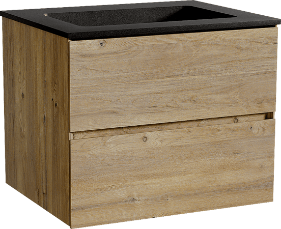 Storke Edge zwevend badmeubel 65 x 52 cm ruw eiken met Scuro enkele wastafel in kwarts mat zwart