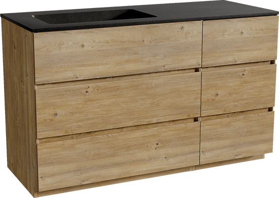 Storke Edge staand badmeubel 130 x 52 cm ruw eiken met Scuro asymmetrisch linkse wastafel in kwarts mat zwart