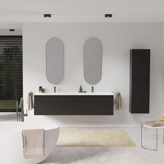 Balmani Forma zwevend badmeubel 135 x 55 cm zwart eiken met Tablo Arcato dubbele wastafel in solid surface mat wit, Verticale symmetrische rechte ribbel