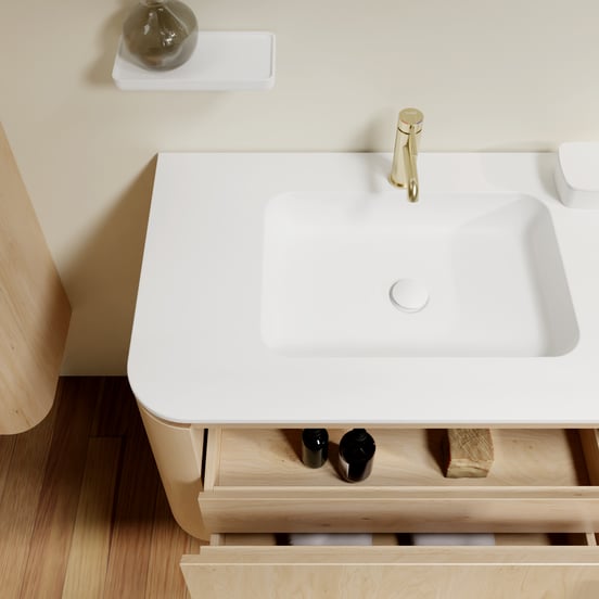 Balmani Moon zwevend badmeubel 100 x 55 cm naturel eiken met Moon enkele wastafel in solid surface mat wit