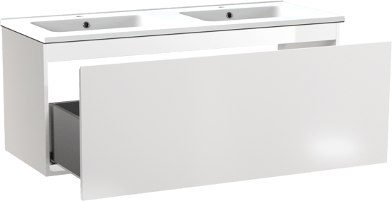 Linie Lado zwevend badmeubel 120 x 46 cm hoogglans wit met Vano dubbele wastafel in composietmarmer mat wit