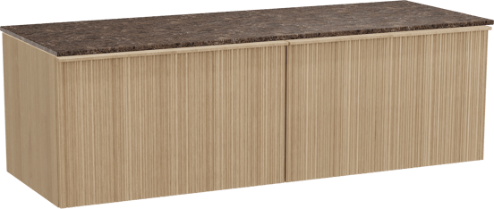 Balmani Forma zwevend badmeubel 150 x 55 cm naturel eiken met Stretto enkel of dubbel wastafelblad in marmer dark emperador, Verticale asymmetrische ronde ribbel