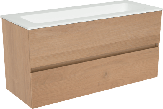 Storke Edge zwevend badmeubel 100 x 40 cm ruw eiken met Mata enkele wastafel voor 2 kraangaten in solid surface mat wit