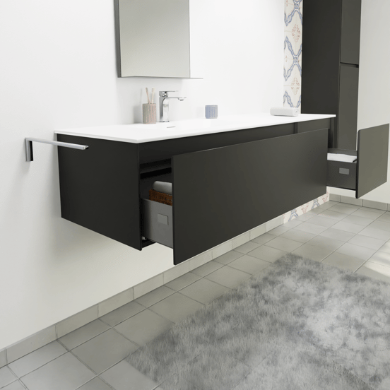 Storke Edge zwevend badmeubel 150 x 52 cm mat zwart met Mata asymmetrisch linkse wastafel in solid surface mat wit