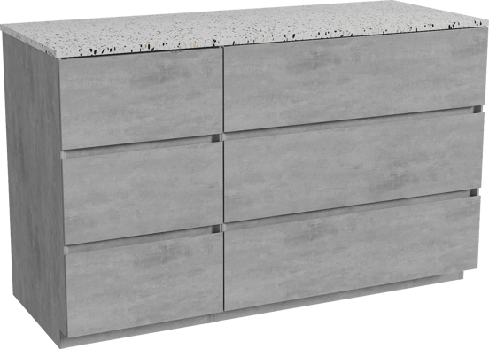 Storke Edge freistehendes Möbelstück Set: 130 x 52 cm, Beton dunkelgrau, mit Tavola Einzel- oder Doppel Waschtischplatte, Terrazzo in Weiß/Schwarz matt