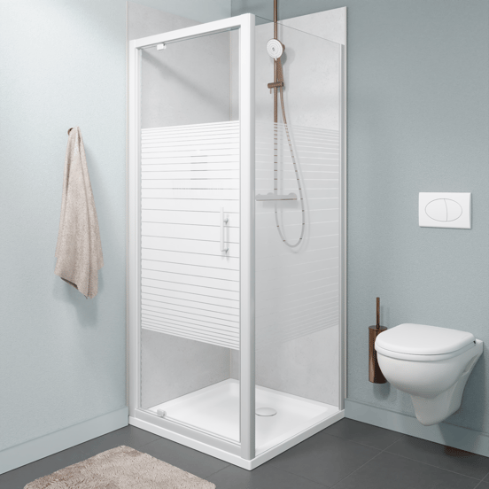 SanyOne Anton paroi de douche avec porte pivotante et paroi latérale fixe, 80 x 80 cm, verre à rayures, profil blanc