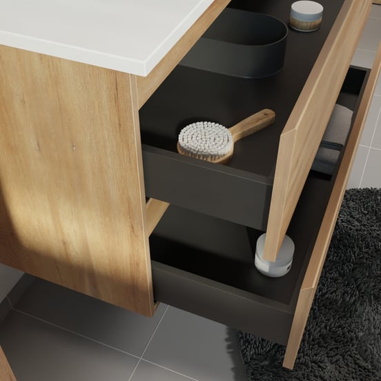 Linie Lado hängendes Möbelstück Set: 100 x 46 cm, Naturbelassene Eiche, mit Vano Waschtisch links, Marmorkomposit Weiß glänzend