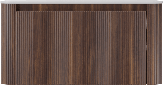 Storke Soft zwevend badmeubel 100 x 46 cm notenhout met Mata Soft enkele wastafel in solid surface mat wit, Verticale symmetrische rechte ribbel