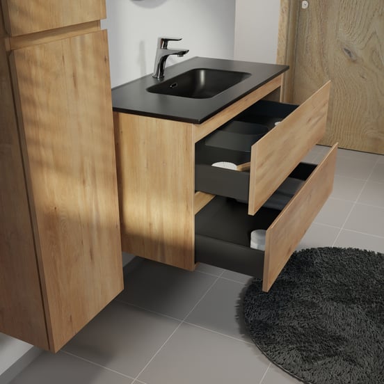 Linie Lado zwevend badmeubel 90 x 46 cm naturel eiken met Baro enkele wastafel in porselein mat zwart