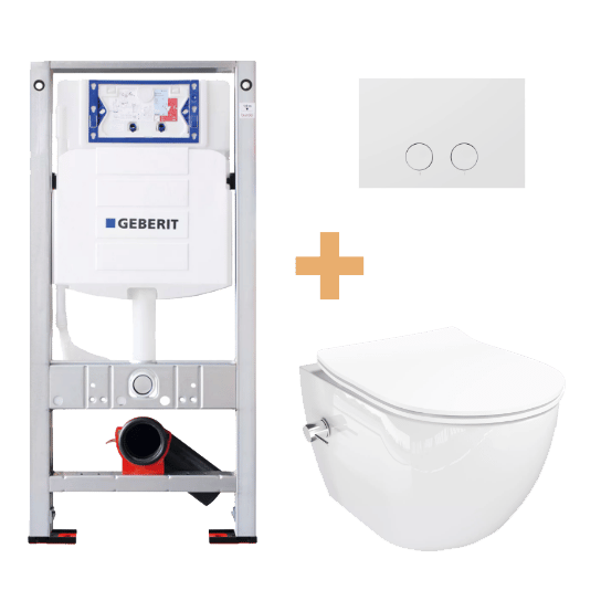 Luca Varess Moreno bidet blanc brillant sans rebord avec Geberit Sigma réservoir de chasse encastré UP320 avec cadre Burda et plaque de commande