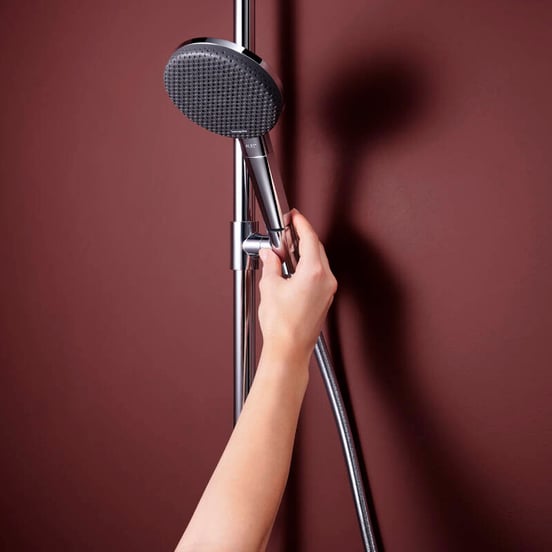 Hansgrohe Raindance Alive S Puro Showerpipe Duschsystem 300 1jet mit Ecostat Element Thermostat, Chrom Glänzend