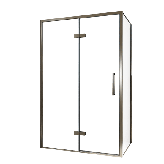 Balmani Senses Design douche en coin avec porte pivotante à gauche et paroi latérale fixe, 120 x 70 cm, Verre transparent, Profil Brushed GunMetal, coating inclus