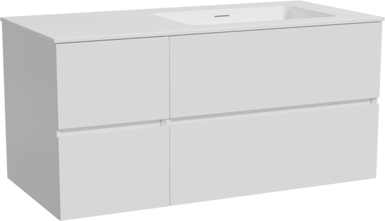 Storke Edge meuble salle de bains suspendu 110 x 52 cm blanc mat avec Mata plan vasque asymétrique à droite en solid surface blanc mat