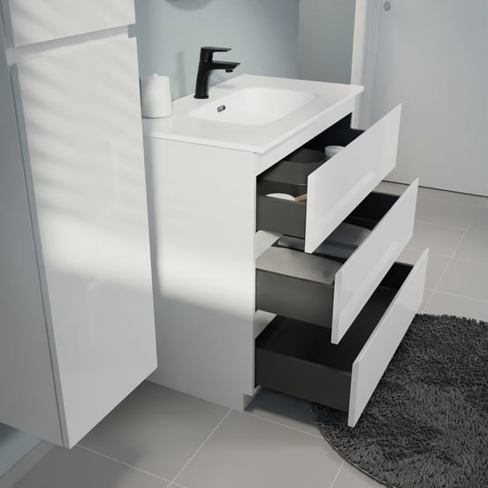 Linie Lado freistehendes Möbelstück Set: 80 x 46 cm, Weiß glänzend, mit Baro Einzelwaschtisch, Porzellan Weiß glänzend