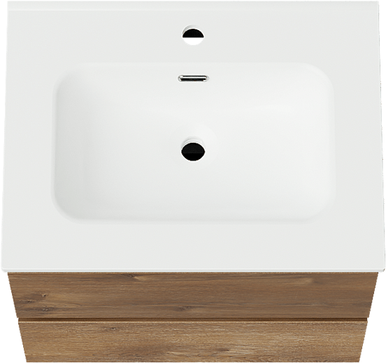 Linie Lado hängendes Möbelstück Set: 60 x 46 cm, Braune Eiche, mit Baro Einzelwaschtisch, Porzellan Weiß matt