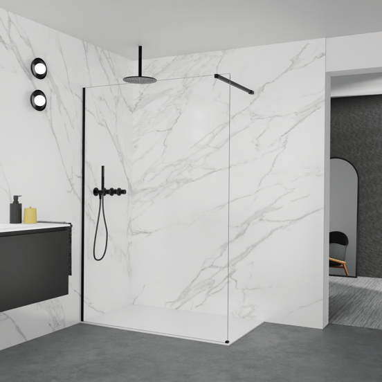 Balmani Modular Walk-In Dusche: 140 x 200 cm, Klarglas, inklusive Coating, Profil Schwarz matt