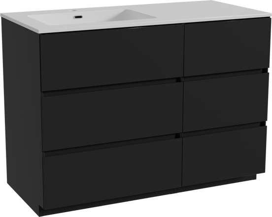 Storke Edge staand badmeubel 110 x 52 cm mat zwart met Diva asymmetrisch linkse wastafel in composietmarmer hoogglans wit