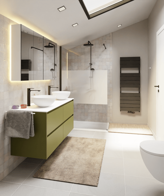 Storke Seda hängender Waschbeckenunterschrank: 130 x 52 cm, Olivgrün, 4 Schubladen