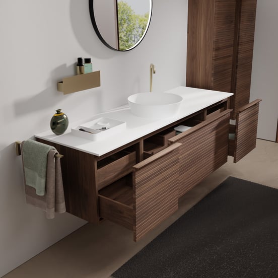 Balmani Forma hängendes Möbelstück Set: 180 x 55 cm, Amerikanischer Nussbaum, mit Stretto Einzel- oder Doppel Waschtischplatte, Solid Surface, Weiß matt, Horizontale symmetrische gerade Rippe