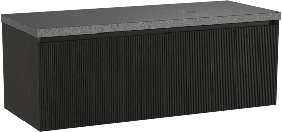 Balmani Fila meuble salle de bains suspendu 135 x 55 cm chêne noir avec Rock plan vasque asymétrique à droite en granit noir, Nervure droite symétrique verticale