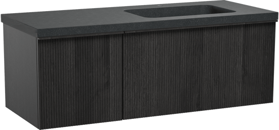 Balmani Forma zwevend badmeubel 135 x 55 cm zwart eiken met Napoli asymmetrisch rechtse wastafel in zwart graniet, Verticale symmetrische rechte ribbel