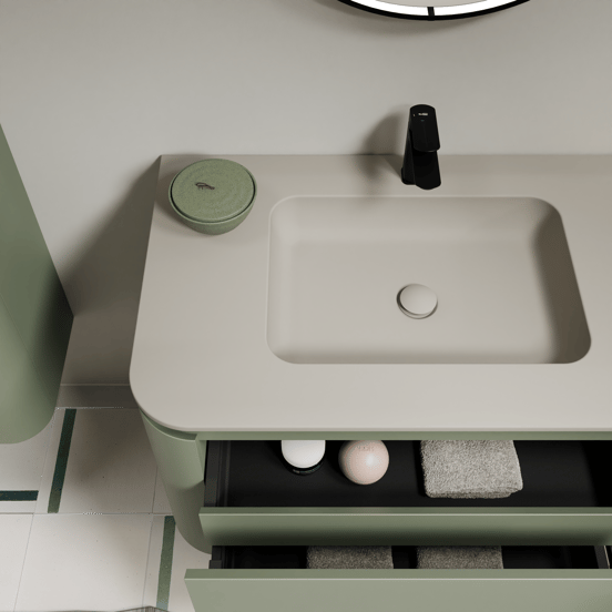 Balmani Moon zwevend badkamermeubel 160 x 55 cm saliegroen met Moon dubbele wastafel in top solid zijdegrijs