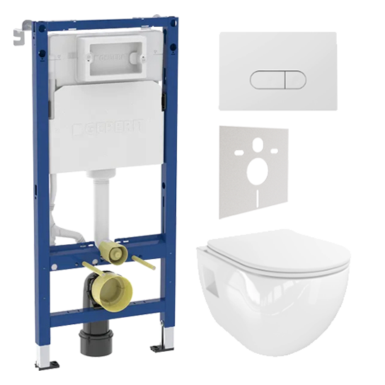 WC Set: Linie Waldo Hänge WC, Weiß glänzend, spülrandlos, Geberit Duofix UP100 Delta Spülkasten mit Luca Varess Betätigungsplatte