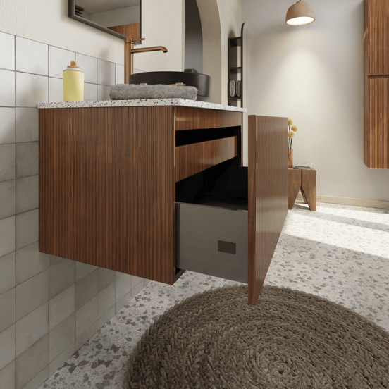 Storke Ribs zwevende wastafelonderkast 75 x 52 cm notenhout 2 lades