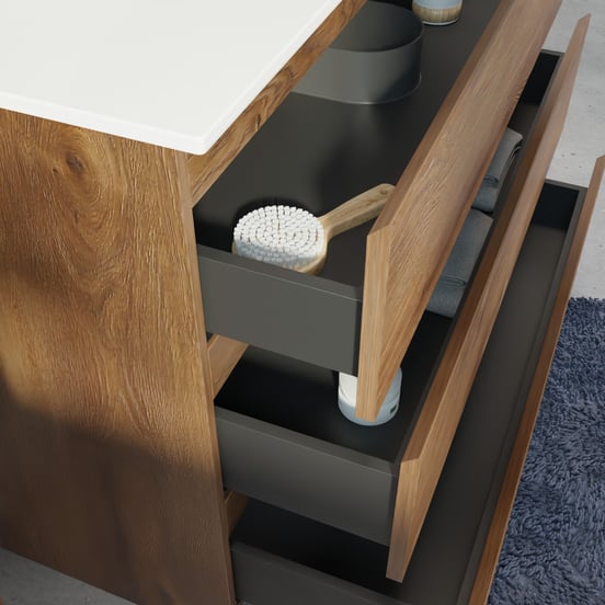 Linie Lado freistehendes Möbelstück Set: 120 x 46 cm, Braune Eiche, mit Baro Doppelwaschtisch, Porzellan Weiß glänzend