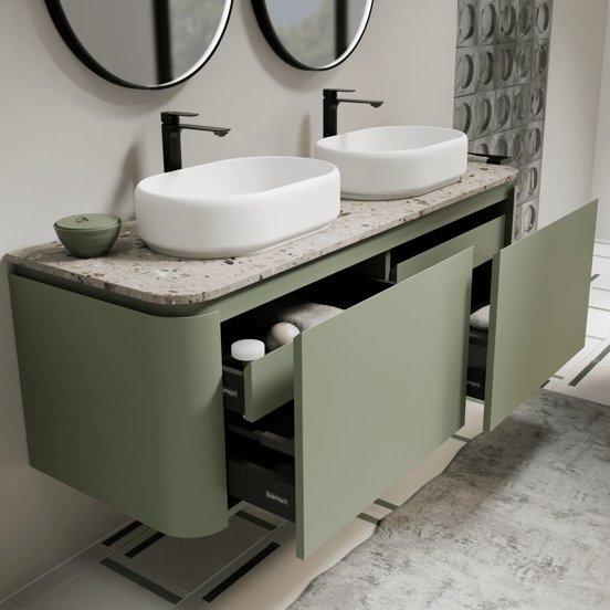 Balmani Moon zwevend badkamermeubel 160 x 55 cm saliegroen met Moon enkel of dubbel tablet in terrazzo greige terrazzo