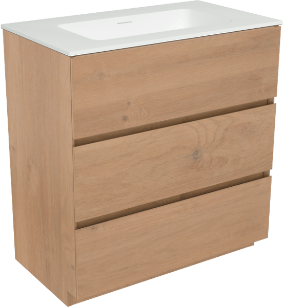 Storke Edge staand badmeubel 80 x 46 cm ruw eiken met Mata enkele wastafel in solid surface mat wit