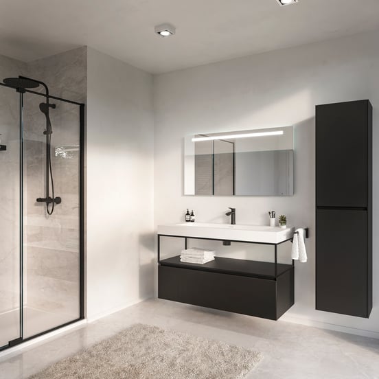 Storke Edge zwevende wastafelonderkast 120 x 52 cm mat zwart 1 lade 2 sifonuitsparingen