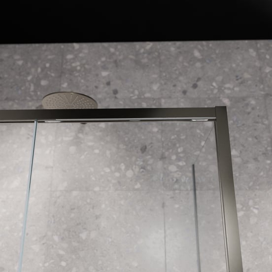 Balmani Senses Design douche en coin avec porte coulissante à gauche et paroi latérale fixe, 120 x 70 cm, Verre transparent, Profil Brushed GunMetal