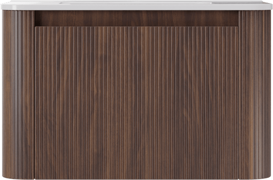 Storke Soft meuble salle de bains suspendu 80 x 46 cm noyer avec Kera Soft plan simple en porcelaine blanc brillant, Nervure droite symétrique verticale