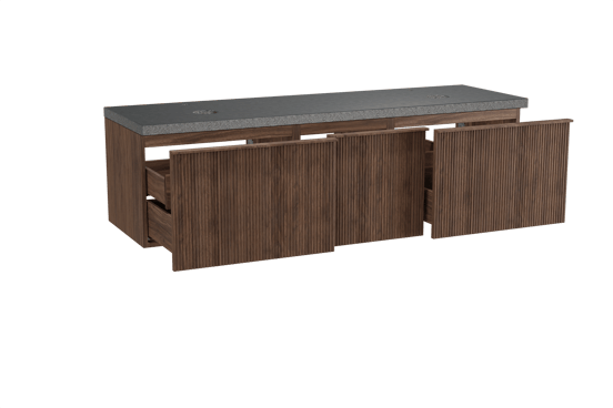 Balmani Forma zwevend badmeubel 180 x 55 cm amerikaans notenhout met Rock dubbel wastafelblad in zwart graniet, Verticale symmetrische rechte ribbel